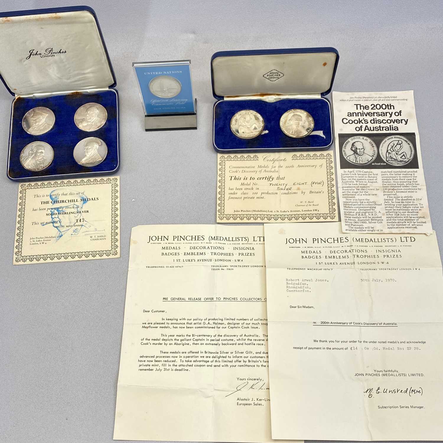 JOHN PINCHES & OTHER SOLID SILVER MEDALS comprising cased pair 200th Anniversary of Cook's Discovery