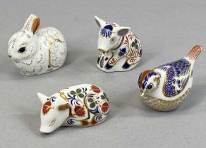 FOUR ROYAL CROWN DERBY SMALL PAPERWEIGHTS, rabbit lying down, piglet seated, piglet lying down and