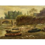 19TH CENTURY ENGLISH SCHOOL oil on canvas - 'Fishing at Handbridge', depicting fisherman and boats