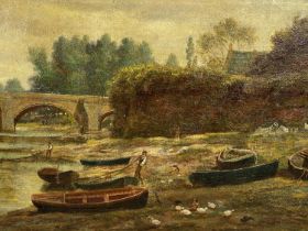 19TH CENTURY ENGLISH SCHOOL oil on canvas - 'Fishing at Handbridge', depicting fisherman and boats