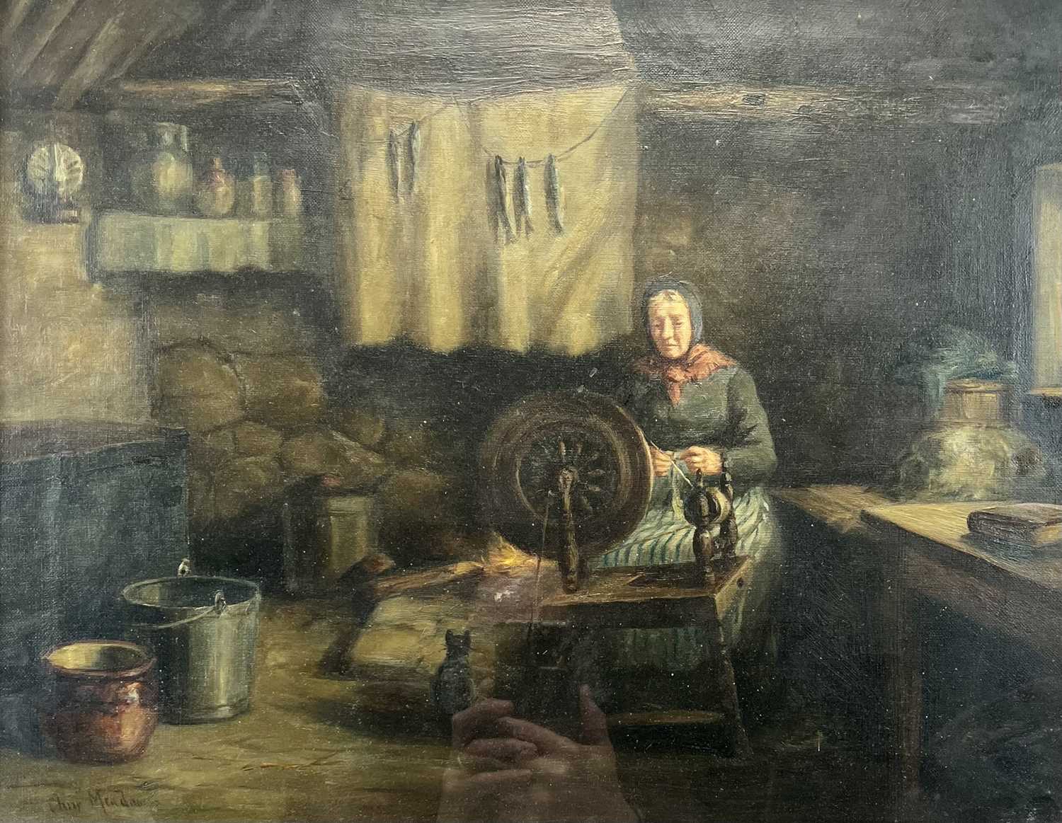 CHRIS MEADOWS (British, 1863-1947) oil on canvas - interior scene with woman seated by spinning