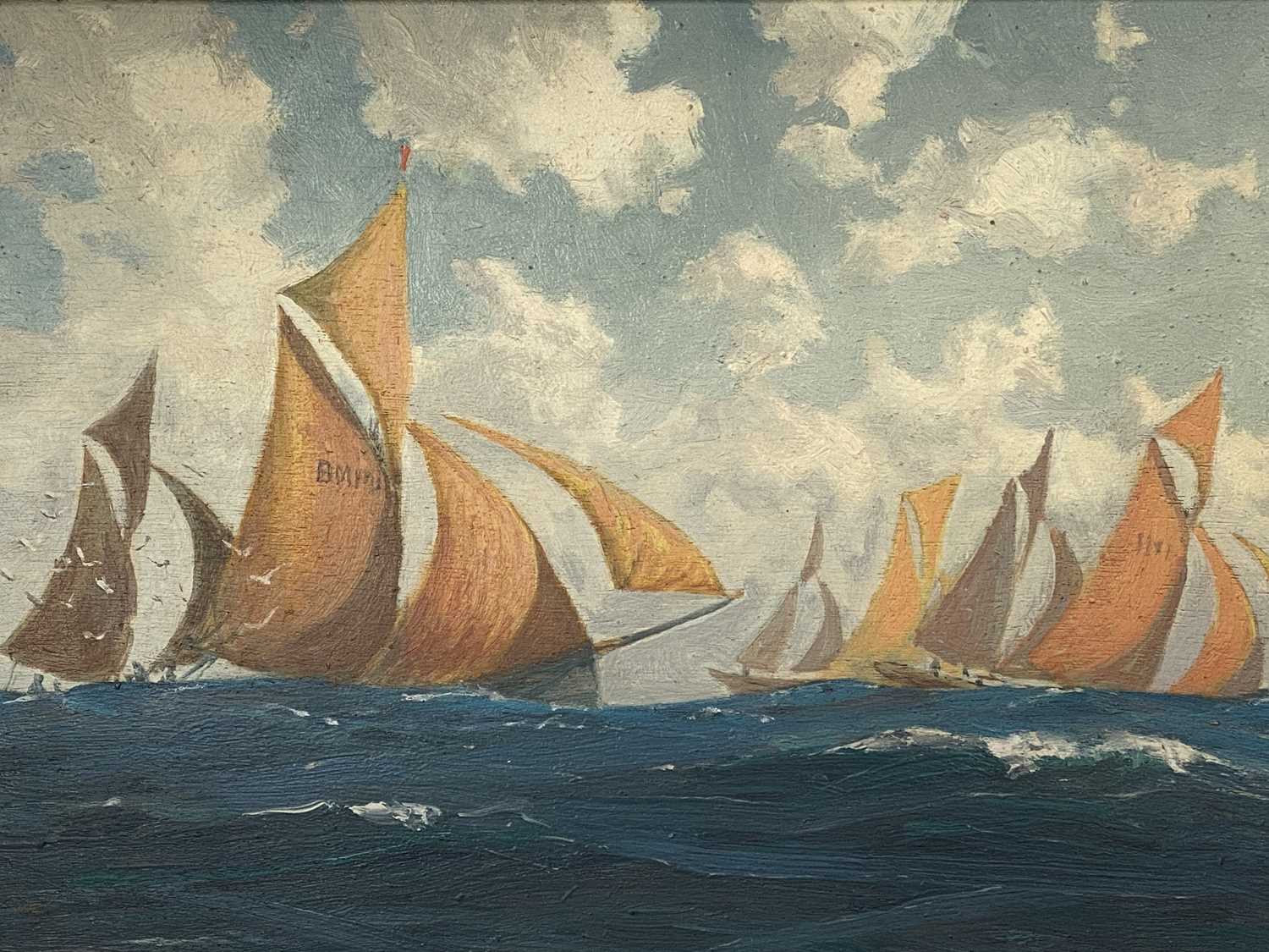 UNKNOWN oil on board - racing yachts off Portland, 30 x 40cms, and UNKNOWN gouache - Chinese junk - Image 4 of 6