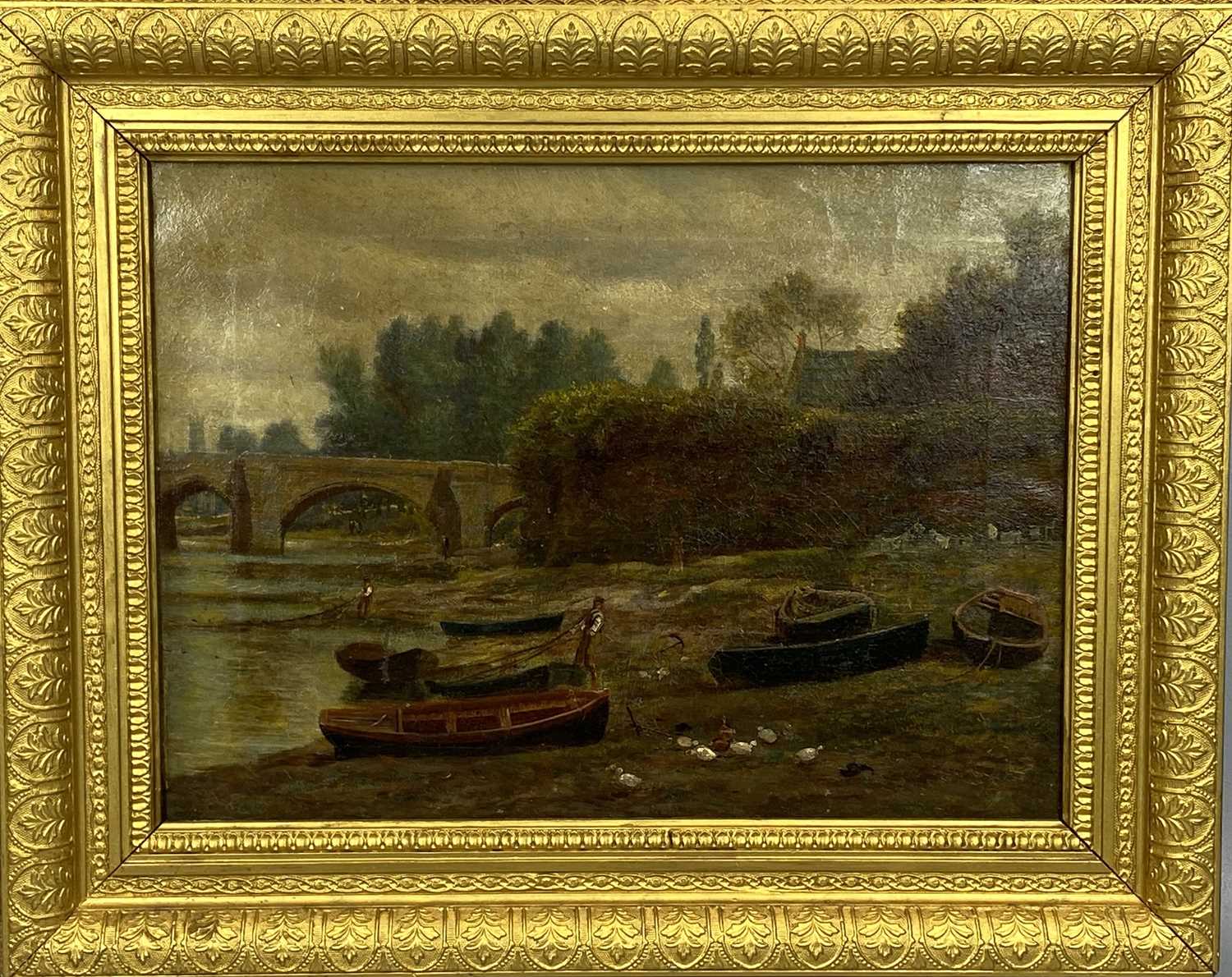 19TH CENTURY ENGLISH SCHOOL oil on canvas - 'Fishing at Handbridge', depicting fisherman and boats - Image 2 of 2