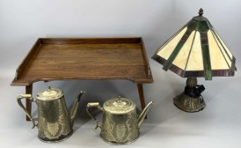 TIFFANY-STYLE TABLE LAMP WITH SHADE, 48cms H, Victorian EPNS teapot and coffee pot with engraved