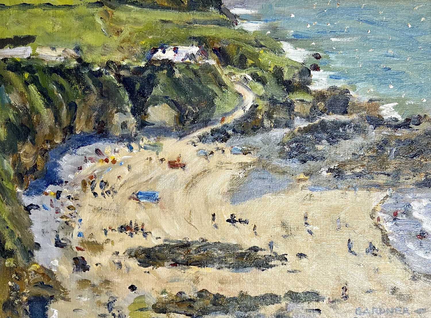 KEITH GARDNER RCA (British, b. 1933) oil on board - titled verso 'Church Bay Beach From Above',