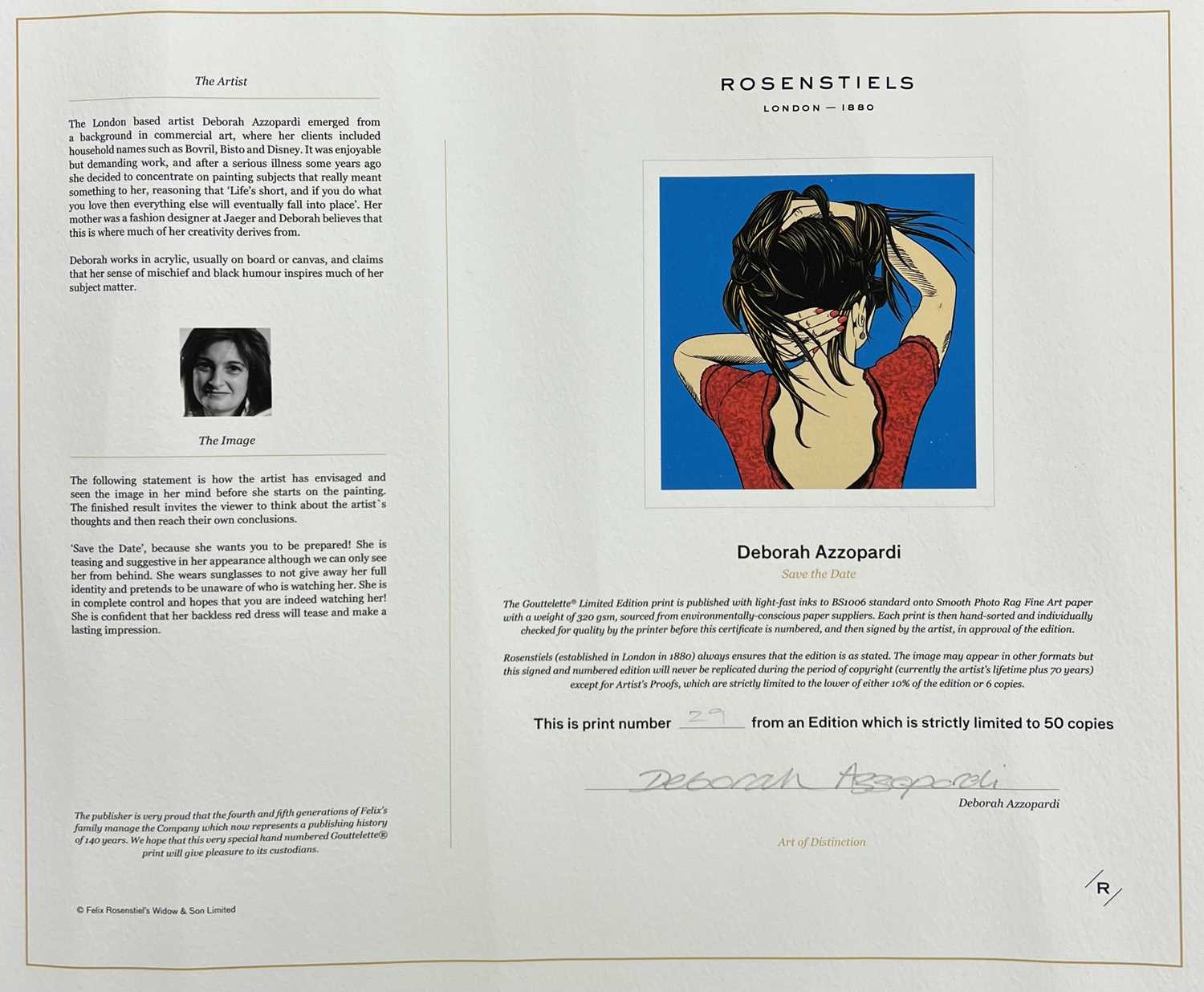 DEBORAH AZZOPARDI (British, b. 1958) Gouttelette limited edition (28/50) colour print - titled 'Save - Image 2 of 2