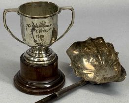 GEORGE IV SILVER TODDY LADLE & SMALL SILVER TROPHY CUP ON A WOODEN STAND, London 1824 with