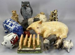 ORNAMENTAL PIG COLLECTION & PLASTIC OWL FIGURINE, the pigs include a Beswick seated model,