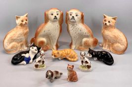 VICTORIAN & LATER POTTERY DOGS AND CATS COLLECTION, to include a pair of seated spaniels with