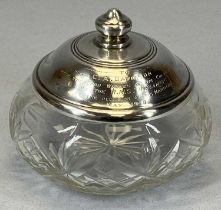 WHITE STAR LINE RMS 'MEGANTIC' SILVER LIDDED GLASS BOWL, the lid inscribed to 'C A Davidson with the