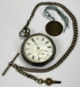 VICTORIAN SILVER CASED POCKET WATCH, & SILVER ALBERT WITH T-BAR AND CLIP, open faced white enamel