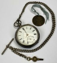 VICTORIAN SILVER CASED POCKET WATCH, & SILVER ALBERT WITH T-BAR AND CLIP, open faced white enamel