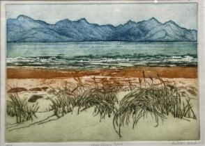 AUDREY HIND RCA (British, b. 1936) limited edition (25/75) colour etching - Llanddwyn Sands, signed,