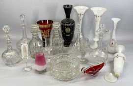 FIVE VARIOUS GLASS DECANTERS WITH STOPPERS, 33cms H the tallest, cut glass claret jug with