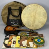 MIXED MUSICAL INSTRUMENTS GROUP to include a goatskin Bodhran, made in Ireland with carry case,
