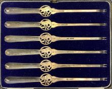 CASED SET OF SIX SILVER LOBSTER PICKS, makers Frank Cobb & Co. Ltd and Finnegans Ltd, 20cms L,