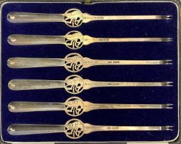 CASED SET OF SIX SILVER LOBSTER PICKS, makers Frank Cobb & Co. Ltd and Finnegans Ltd, 20cms L,