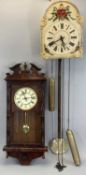 VINTAGE GERMAN WALL CLOCK, arched painted dial with black Roman numerals, twin hanging weights and
