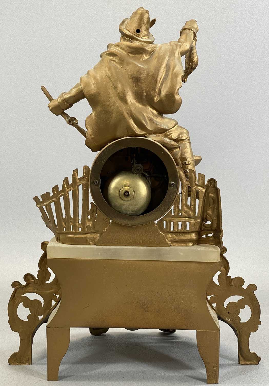 F MARTI FRENCH GILT METAL FIGURAL MANTEL CLOCK with huntsman astride a barrel case, housing a - Image 3 of 4