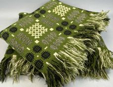 WELSH WOOLLEN BLANKETS, A PAIR, double-sided and fringed, geometric pattern in green, black and