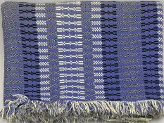 WELSH WOOLEN BLANKET, fringed and double-sided, blue, cream and black geometric pattern, 104 x