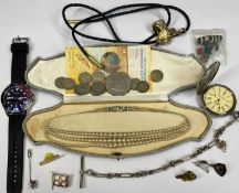 MIXED JEWELLERY, WATCHES, COINS & COLLECTABLES GROUP, comprising cased Lotus three-strand