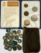 SILVER & HALF SILVER THREEPENCE PIECES AND A BRITAIN'S FIRST DECIMAL COINS WALLET, 32g gross, pre