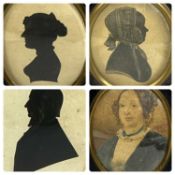 COLLECTION OF SILHOUETTE MINIATURES, one highlighted with white and a portrait miniature on card