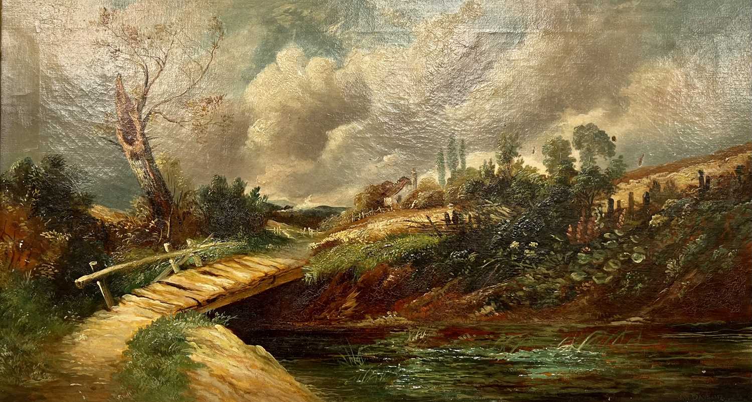 J W DAWSON (19th Century British) oil on canvas - landscape with bridge over stream, signed and - Image 3 of 3
