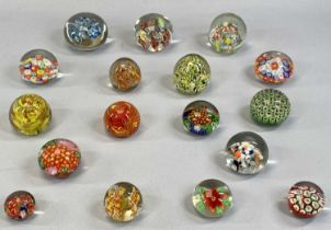 SEVENTEEN COLOURFUL MILLEFIORI & OTHER DECORATED GLASS PAPERWEIGHTS, 6cms H (the tallest)