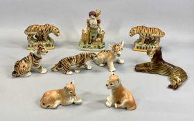 LIONS & TIGERS POTTERY GROUP OF FIGURINES, to include 2 x USSR tiger cubs, 2 x USSR lion cubs,