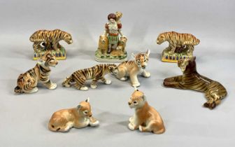 LIONS & TIGERS POTTERY GROUP OF FIGURINES, to include 2 x USSR tiger cubs, 2 x USSR lion cubs,