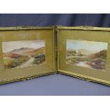 G H JENKINS watercolours - a pair of neatly framed landscape scenes with horses and carts on tracks,