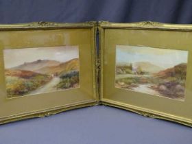 G H JENKINS watercolours - a pair of neatly framed landscape scenes with horses and carts on tracks,