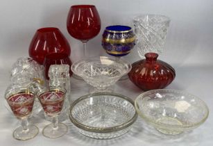VARIOUS COLOURED & CUT GLASSWARE including vases, bowls and 2 x globular light shades Provenance: