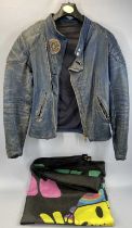 VINTAGE BLUE LEATHER GENTS MOTORCYCLE JACKET with cloth Yamaha owner's club badge, and a colourful