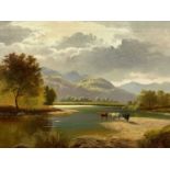 MANNER OF SIDNEY RICHARD PERCY 19th Century oil on canvas - cattle watering by lake shore, 29 x