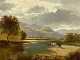 MANNER OF SIDNEY RICHARD PERCY 19th Century oil on canvas - cattle watering by lake shore, 29 x