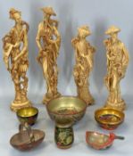 FOUR COMPOSITE ORIENTAL FIGURES, 47cms H the tallest, and various Russian lacquered drinking vessels