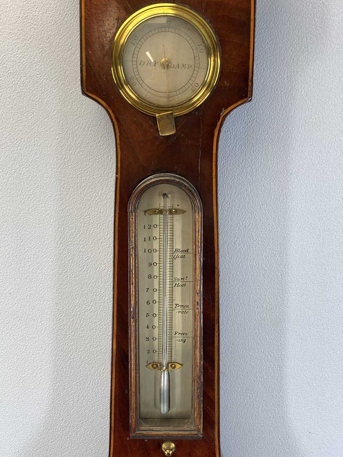 19TH CENTURY MAHOGANY BANJO BAROMETER, silvered dial with humidity gauge thermometer, mirror and - Image 2 of 4