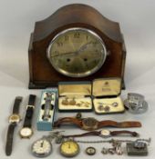 VINTAGE OAK DOME TOP MANTEL CLOCK, 8-day movement striking on a gong, 22.5cms H, a chrome jaguar