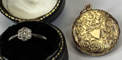 TWO ITEMS OF VINTAGE GOLD JEWELLERY, comprising an 18ct gold and platinum and diamond ring, having