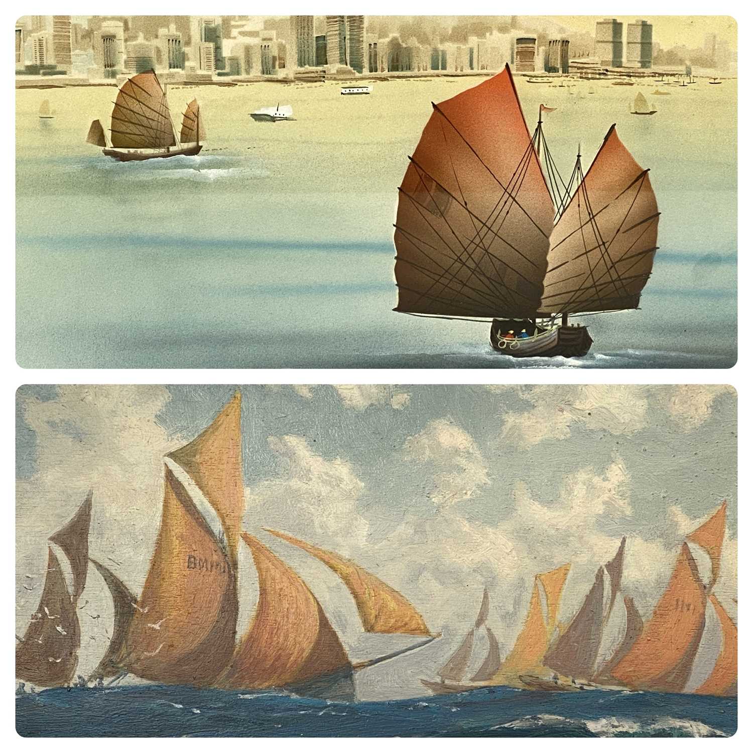 UNKNOWN oil on board - racing yachts off Portland, 30 x 40cms, and UNKNOWN gouache - Chinese junk
