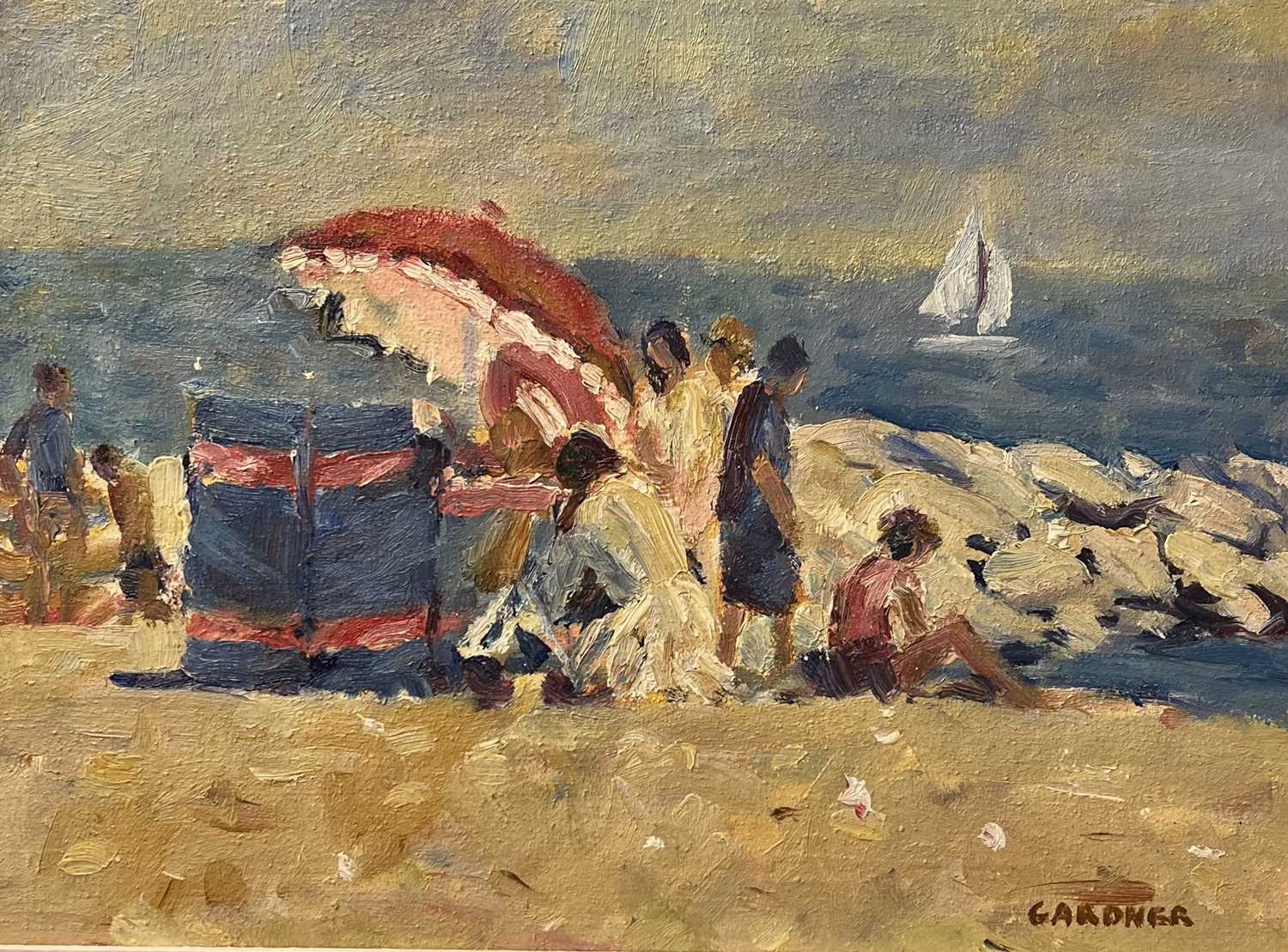 KEITH GARDNER RCA (British, b. 1933) oil on board - titled verso 'Red Parasol, Rhos-on-Sea II',