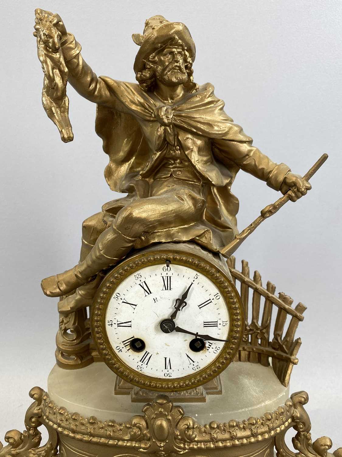 F MARTI FRENCH GILT METAL FIGURAL MANTEL CLOCK with huntsman astride a barrel case, housing a - Image 2 of 4