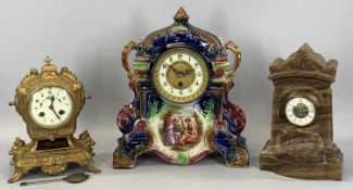 SPELTER CASED MANTEL CLOCK, cream enamel dial painted with flowers and with black Arabic numerals,