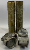 TRENCH ART, brass shell cases, a pair, embossed with cockerels and stylised foliage, Asiago 35cms H,