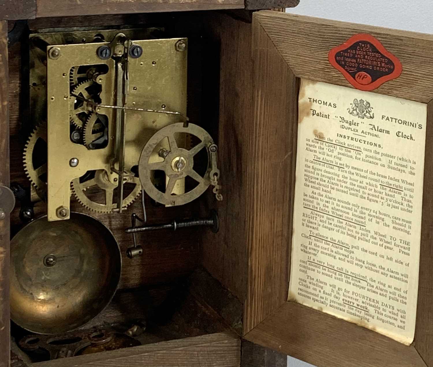 THOMAS FATTORINI'S PATENT 'BUGLER ALARM CLOCK' (DUPLEX ACTION) oak case with silvered dial and black - Image 4 of 6