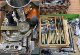 MIXED PLATED WARE & CUTLERY includes a French stainless steel and horn handled cutlery set, modern