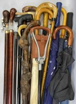 VINTAGE & MODERN WALKING STICKS AND BROLLIES GROUP, to include a vintage walking cane with white